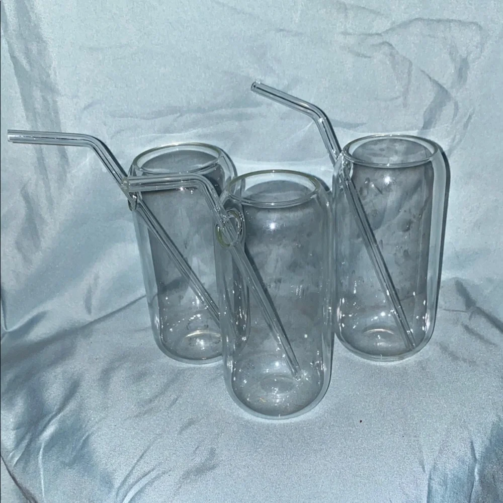 BX48 Vintage set of 3Clear Glass Drinking Set with Glass Straws